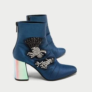 ZARA Bejeweled Satin Blue Ankle Booties